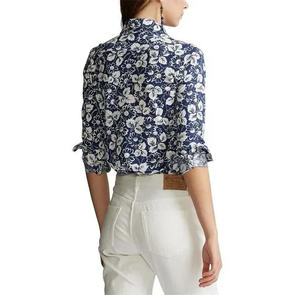 NWOT Polo Ralph Lauren Womens Floral Cotton Knit Oxford Shirt Navy White Medium - Picture 2 of 14